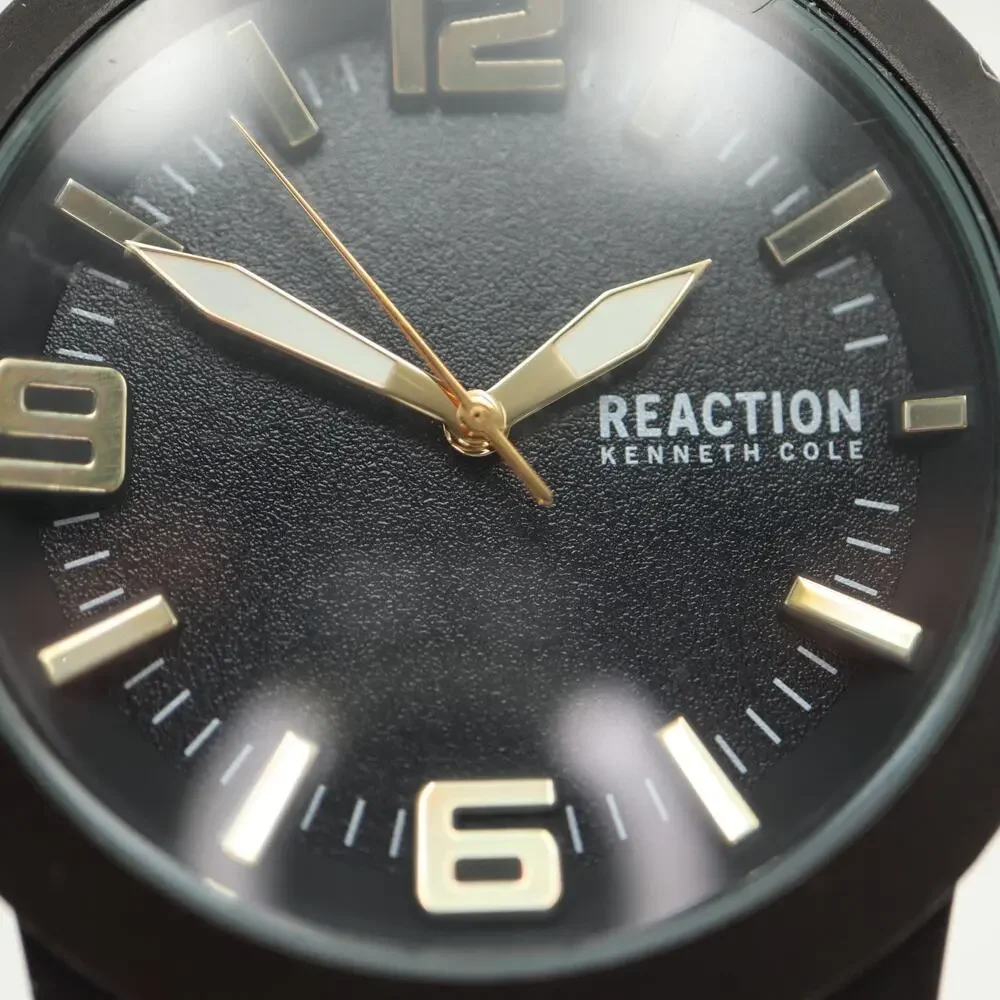 Kenneth Cole Reaction Mens Black Gold Tone Dress Watch 48mm w New Battery